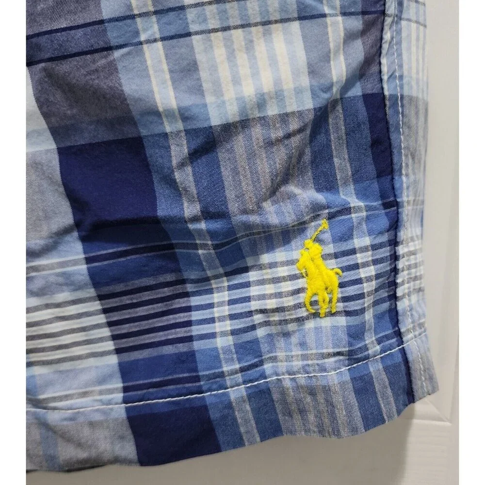 Polo Ralph Lauren Blue Plaid Drawstring Swim Shorts Trunks Size M‎ Yellow Pony